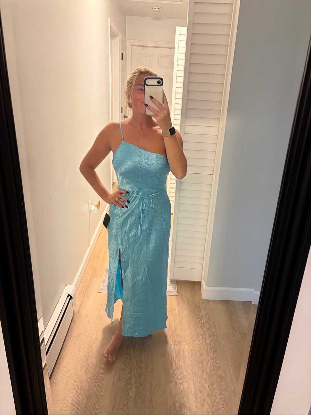 Lulu's Aqua One-Shoulder Slip Dress with Side Slit